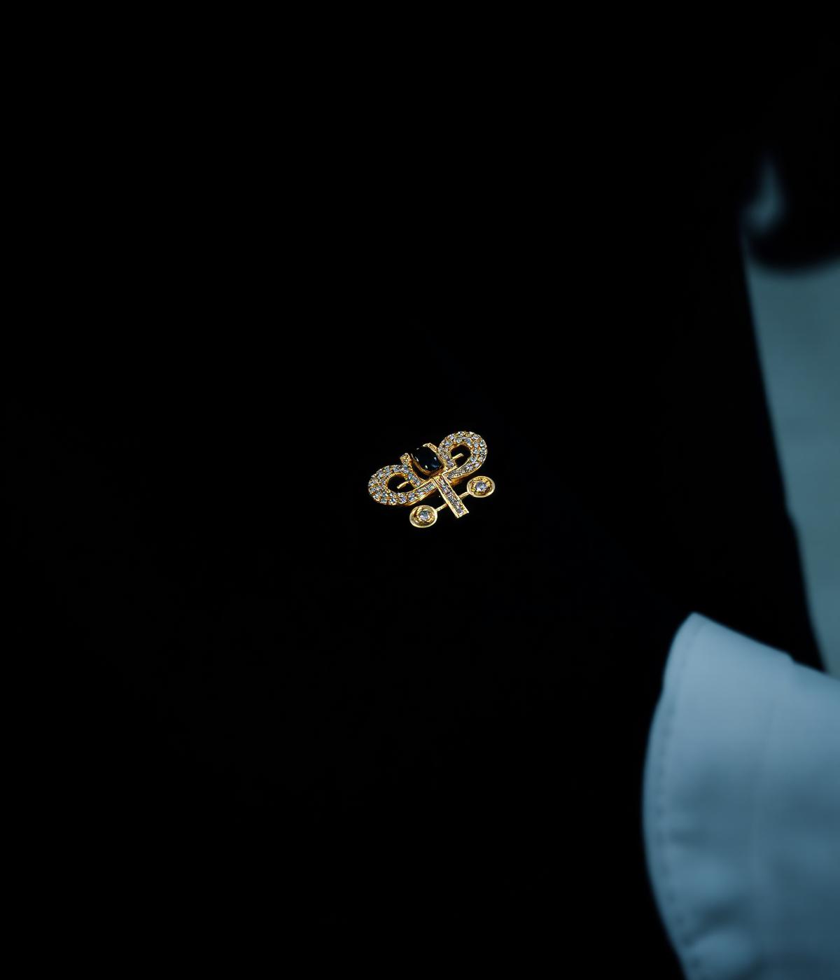 Detalhe de terno preto com pin dourado